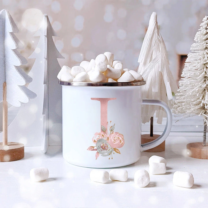 "Pink Letter Flowers Enamel Coffee Mug | Bridal Party & Wedding Gift"