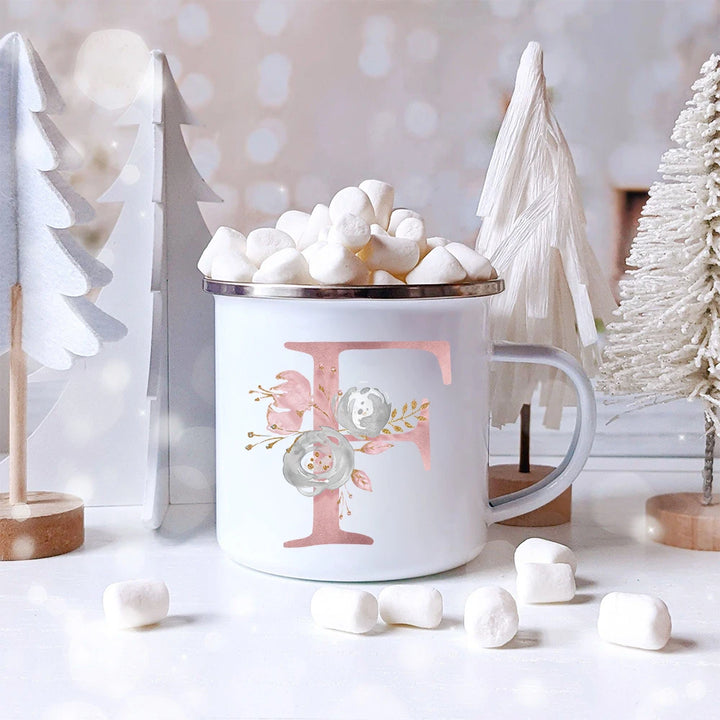 "Pink Letter Flowers Enamel Coffee Mug | Bridal Party & Wedding Gift"