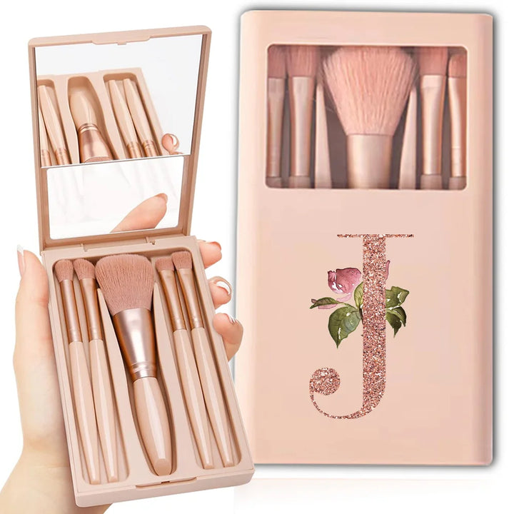 5pcs Travel Cosmetic Brush Kit With Mirror Makeup Brush Set Bag Portable Organizer Box Beauty Tool Case Rose Gold Letter Pattern