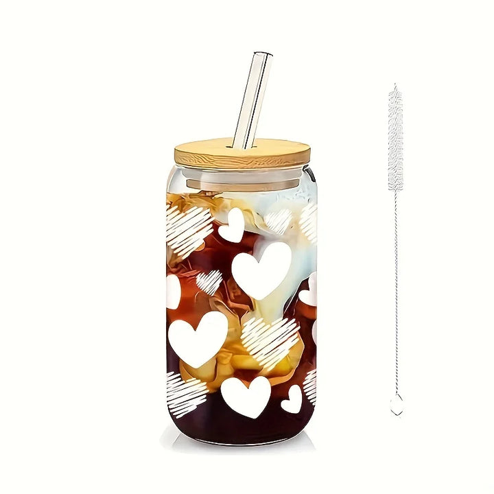 16oz Clear 3D Printed Sublimation Glass Cup With Bamboo Lid And Glass Straw Drinking Cups With Waterproof Sticker Muti-Pattern