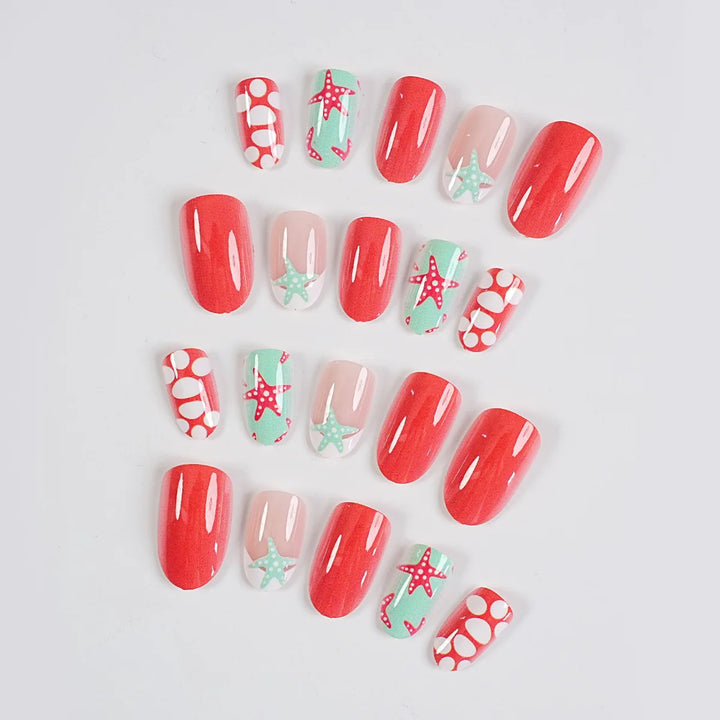 24Pcs Almond Coverage Press On Nails Starfish Beach Fake Nails Cute Briquette Reusable False Nail Summer Hot Wear Nails