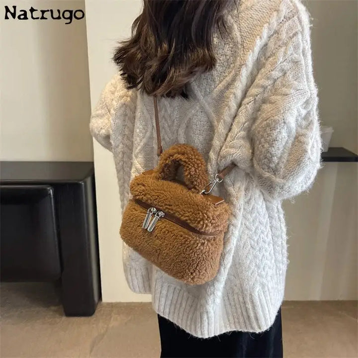 "Winter Soft Plush Women’s Shoulder Bag | Faux Lamb Wool Crossbody Bucket Bag"