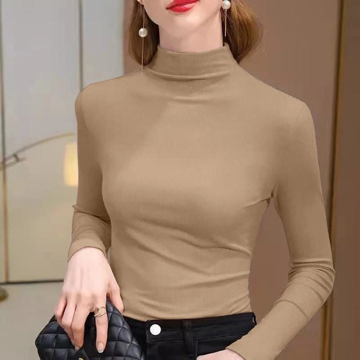 Women's Elastic Half High Collar T-Shirt Solid Ribbed Tops Long Sleeve Tight Bottom Basic Shirt Casual Clothing Autumn - Total Trends Fusion