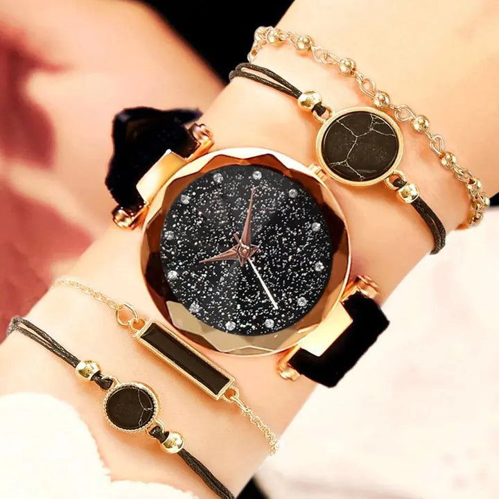 5pcs Set Womens Watches Set Ladies Fashion Watch Black Female New Simple Casual Womens Analog WristWatch Bracelet Gift No Box - Total Trends Fusion