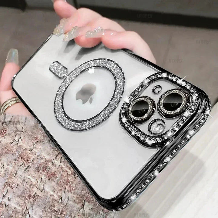 Clear Bling Crystal Phone Case For iPhone 15 16 14 11 12 13 Pro Max Plus For Magsafe Magnetic Wireless Charging Lens Film Cover - Total Trends Fusion