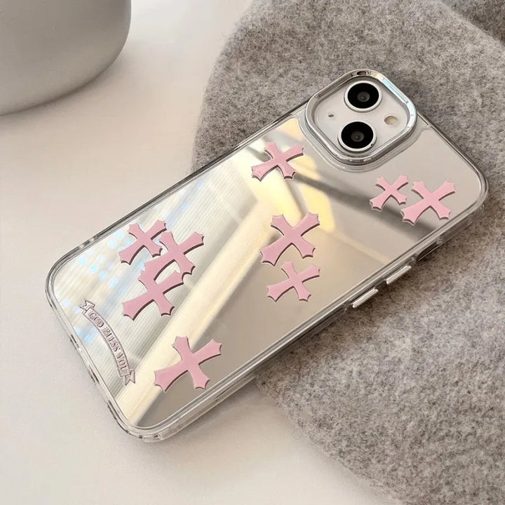 Luxury Pink & Silver Jesus Cross Mirror Phone Case – Hard Acrylic | iPhone 11–15 Pro Max