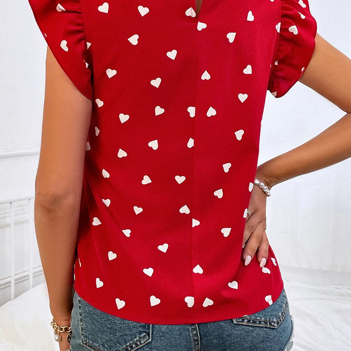 Fashion Chiffon Print Women's Shirt Casual Ruffle Short Sleeve Top Pink Chic Woman Blouse And Shirts Elegant Blouses Summer 2022