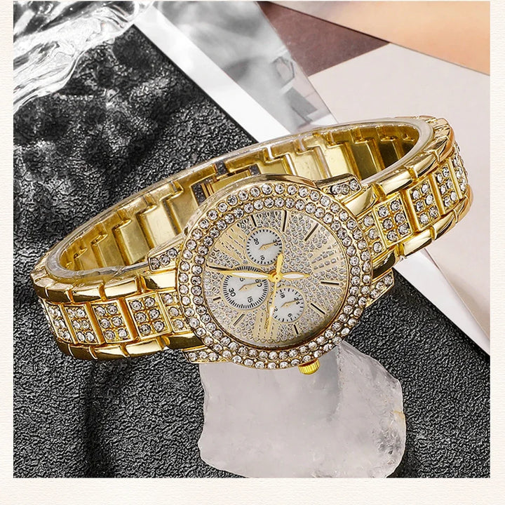 Women's Quartz Watch Gold Luxury Women Ring Necklace Earring Rhinestone Fashion Wristwatch Casual Ladies Watches Jewelry Set