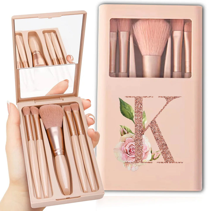5pcs Travel Cosmetic Brush Kit With Mirror Makeup Brush Set Bag Portable Organizer Box Beauty Tool Case Rose Gold Letter Pattern