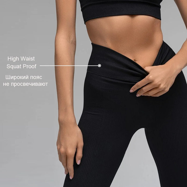 Ribbed Yoga Pants High Waisted Gym Leggings Sport Women Fitness Seamless Female Legging Tummy Control Running Training Tights - Total Trends Fusion