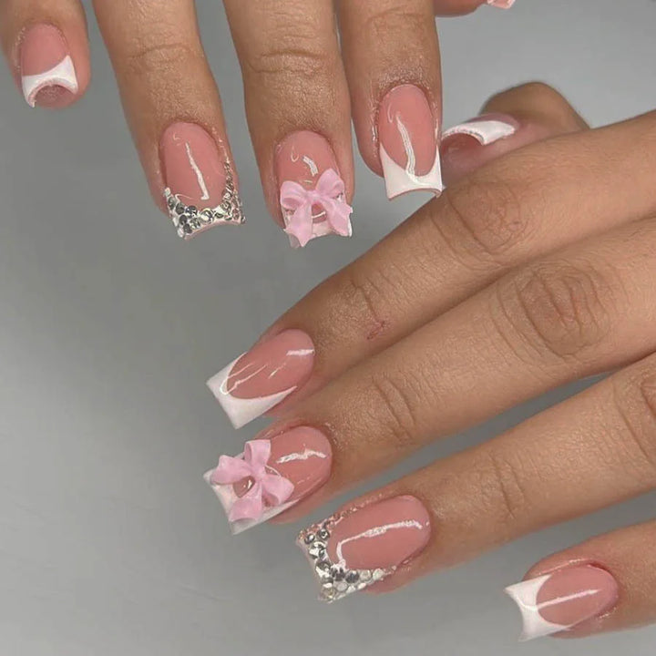 "Pink French 3D Bowknot Press-On Nails | Short Square Fashion False Nails"