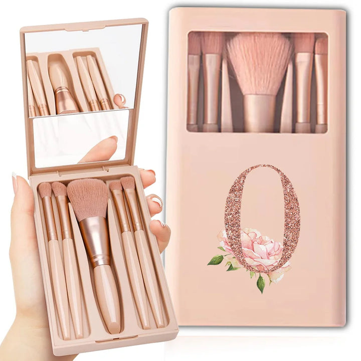 5pcs Travel Cosmetic Brush Kit With Mirror Makeup Brush Set Bag Portable Organizer Box Beauty Tool Case Rose Gold Letter Pattern