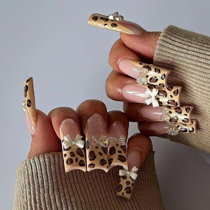 "Pink French 3D Bowknot Press-On Nails | Short Square Fashion False Nails"