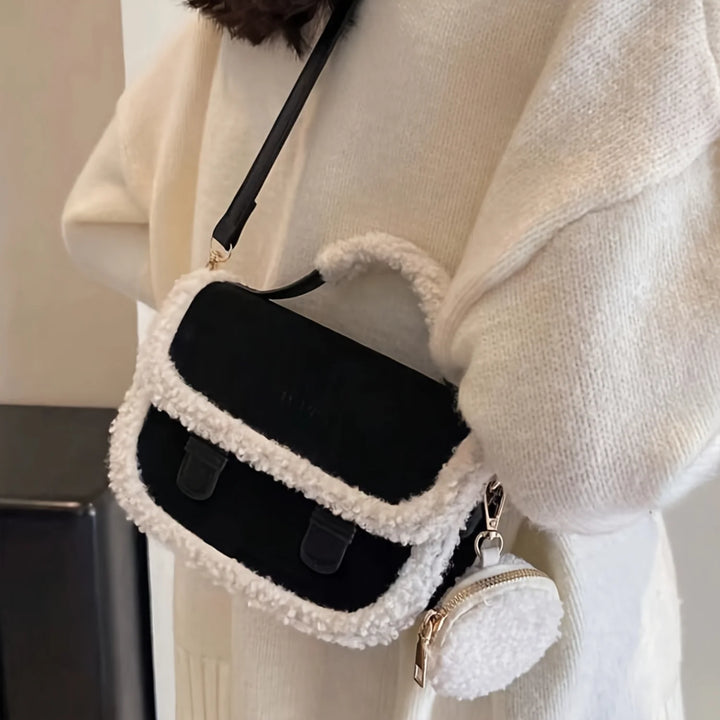 Mini Plush Handbag with round Coin Purse, Autumn Winter Crossbody Bag, Womens Faux Shoulder Bag Packing Cubes for Travel Bogg