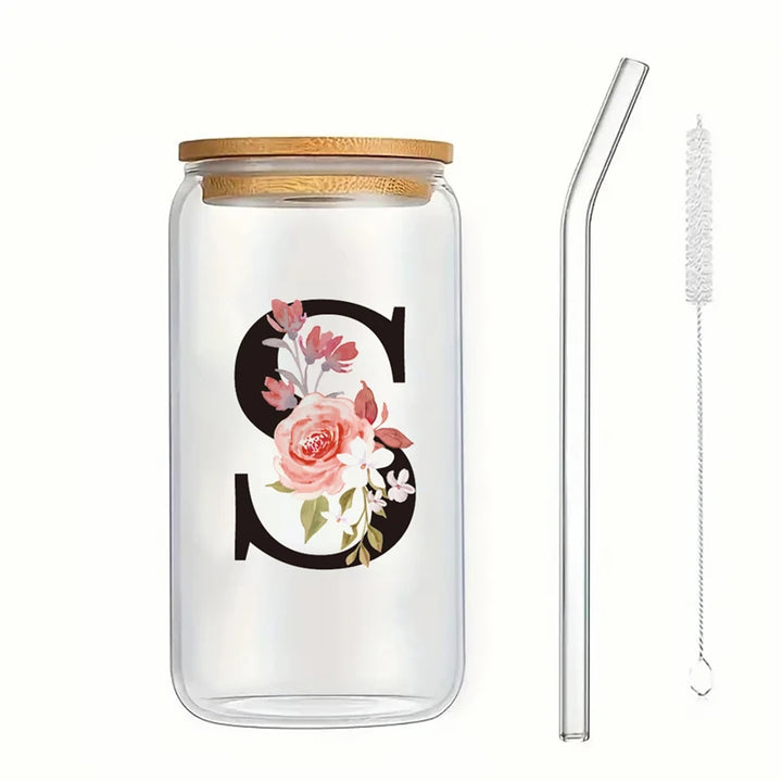 Alphabet Flowers Drinking Glass Letter A-Z Iced Coffee Water Juice Bottle Portable Clear Cup with Lid Straw Brush Birthday Gifts