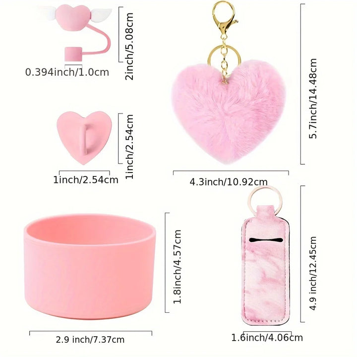 Accessories Set for Stanley 40oz & 30oz Tumbler Including Silicone Boot Straw Cover Cap Heart Hook Lipstick Bag and Heart Pompom - Total Trends Fusion