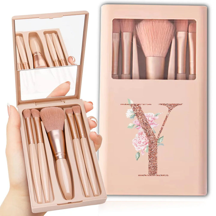 5pcs Travel Cosmetic Brush Kit With Mirror Makeup Brush Set Bag Portable Organizer Box Beauty Tool Case Rose Gold Letter Pattern