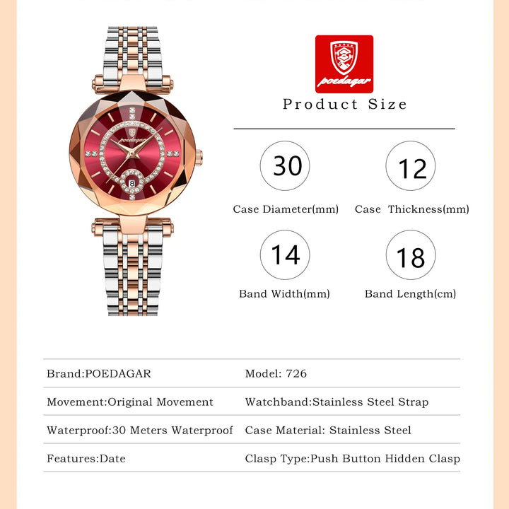 POEDAGAR Luxury Watch For Woman High Quality Diamond Ladies Quartz Watch Waterproof Date Stainless Steel Women Watches reloj+box