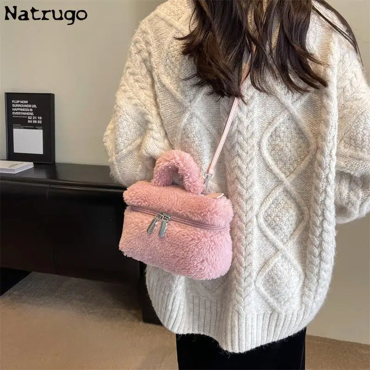 "Winter Soft Plush Women’s Shoulder Bag | Faux Lamb Wool Crossbody Bucket Bag"