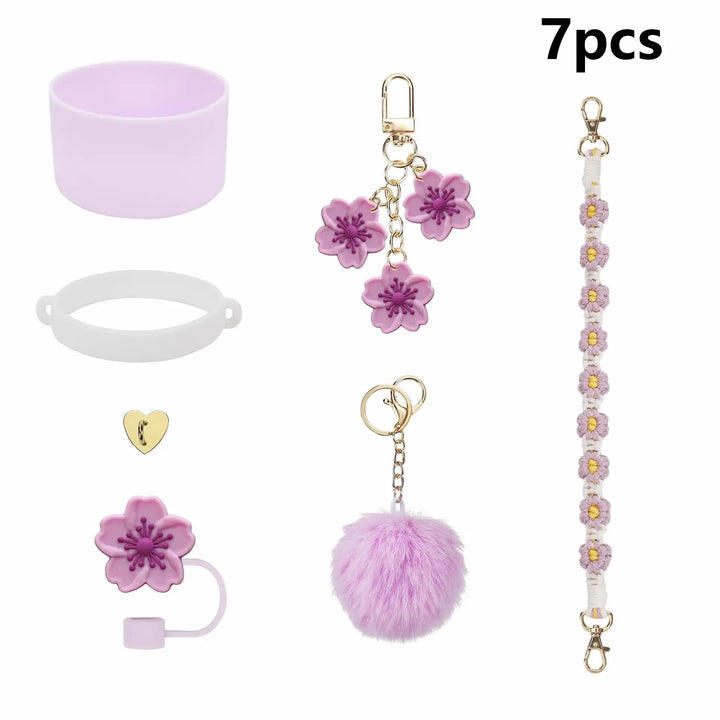 7Pcs for Stanley cup accessory set includes 1 water bottle handle strap, 1 cup cover, 1 fixed cup cover, 1straw cover, 3 charms - Total Trends Fusion