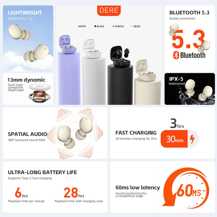Wireless Bluetooth Headphones, QERE E30, TWS Bluetooth 5.3,HD Microphone,HIFI Earphones,13mm Driver,60ms Low Latency, New - Total Trends Fusion
