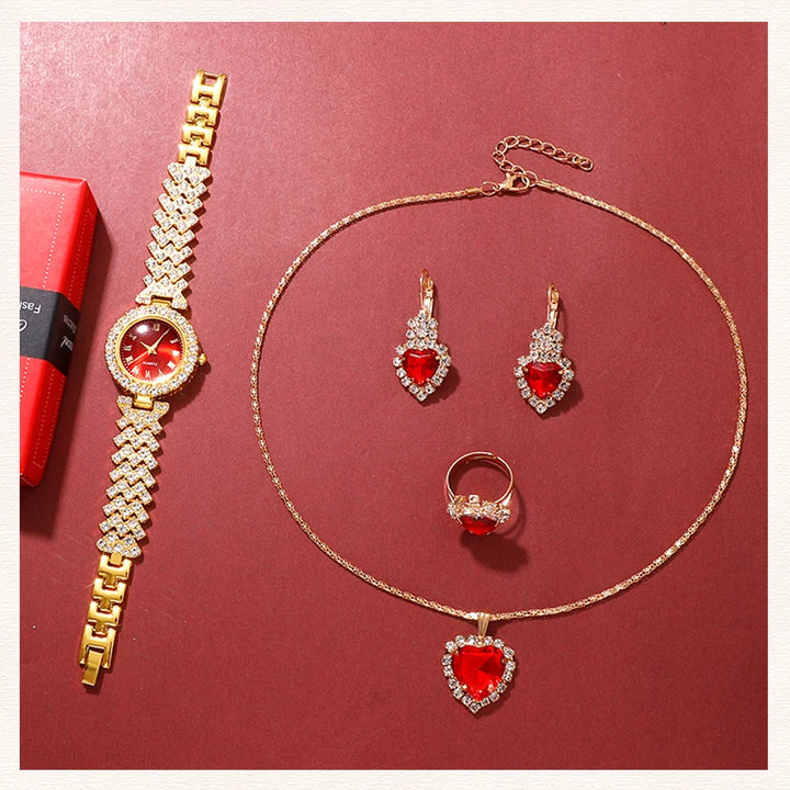 Golden Luxury Watch Women Ring Necklace Earring Rhinestone Fashion Wristwatch Casual Ladies Bracelet Watches Jewelry Set