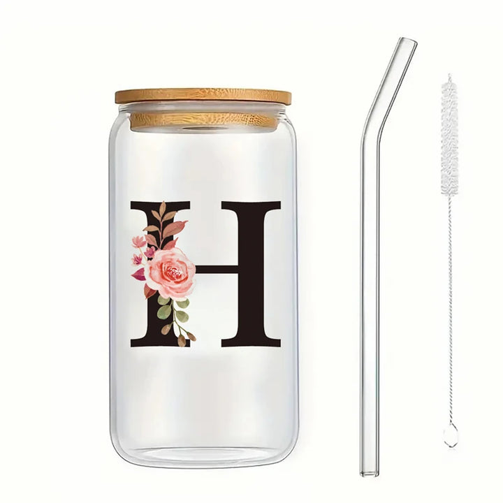 Alphabet Flowers Drinking Glass Letter A-Z Iced Coffee Water Juice Bottle Portable Clear Cup with Lid Straw Brush Birthday Gifts
