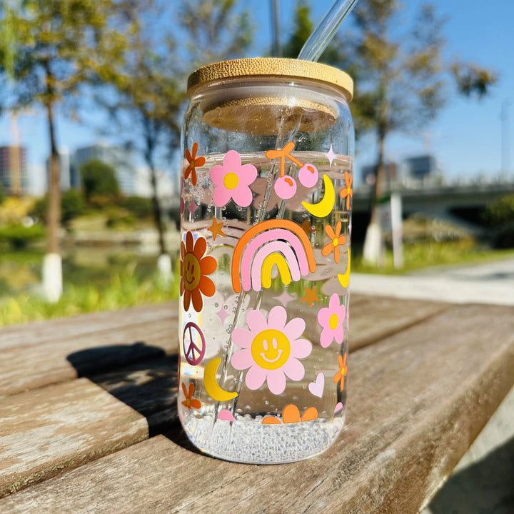 16oz Clear 3D Printed Sublimation Glass Cup With Bamboo Lid And Glass Straw Drinking Cups With Waterproof Sticker Muti-Pattern