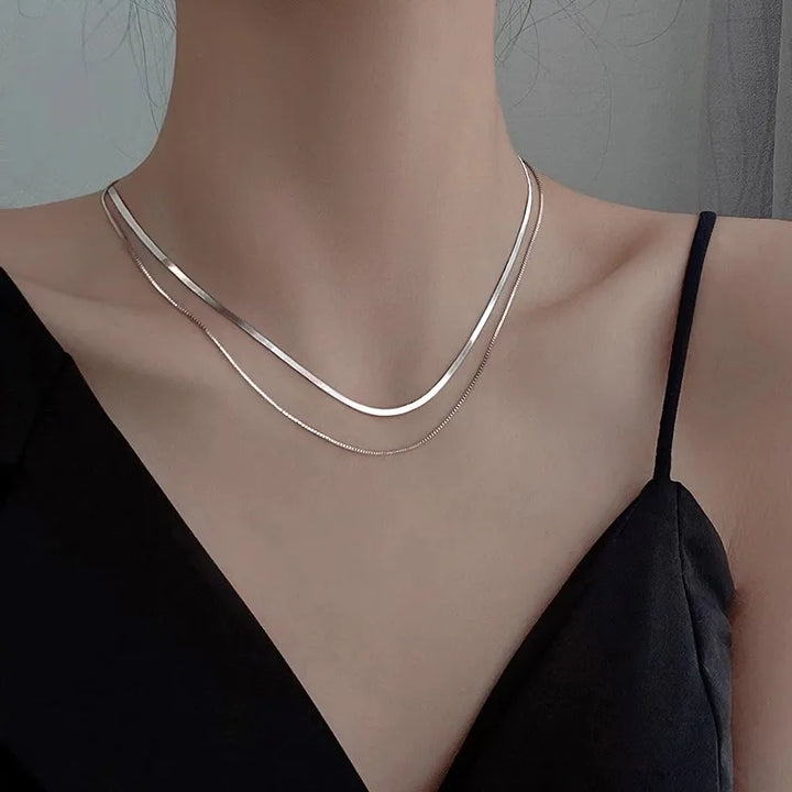 S925 Silver Double Layer Box & Snake Chain Clavicle Necklace – Hip-Hop Retro Style