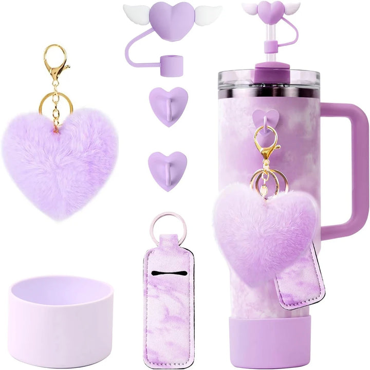 Accessories Set for Stanley 40oz & 30oz Tumbler Including Silicone Boot Straw Cover Cap Heart Hook Lipstick Bag and Heart Pompom - Total Trends Fusion