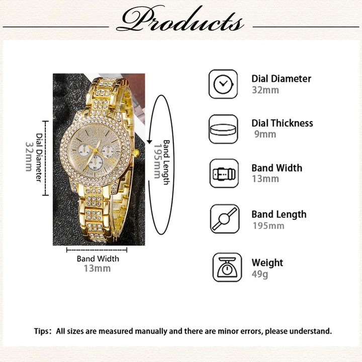Women's Quartz Watch Gold Luxury Women Ring Necklace Earring Rhinestone Fashion Wristwatch Casual Ladies Watches Jewelry Set - Total Trends Fusion