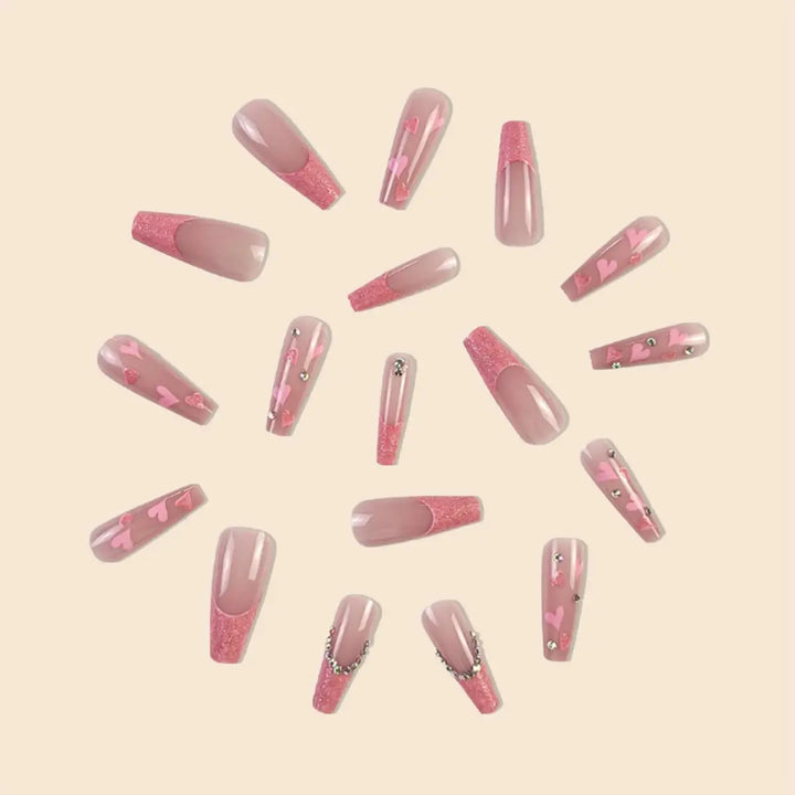 Women Girls Trend 24Pcs/Set Long Ballet French Heart Glitter Stone Decoration Full Coverage Wearable Fake Nail Press on Nail Art