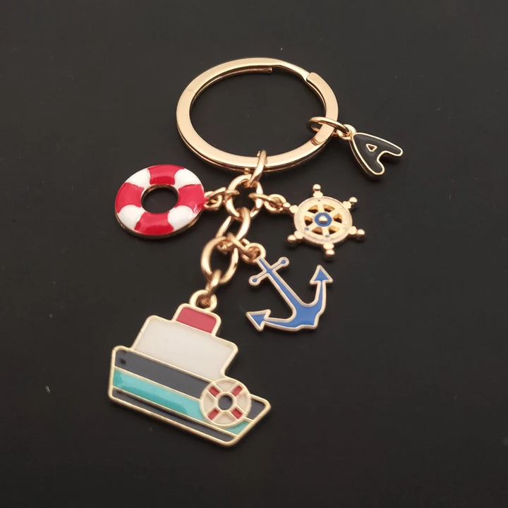 Creative Ocean Keychain A-Z Letter Keychain Enamel Anchor Ship Steering Wheel Ship Model Pendant Bag Car Pendant Souvenir - Total Trends Fusion