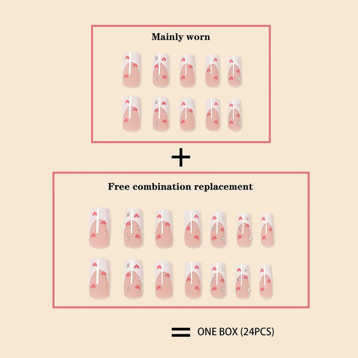 Hot New Women Girls 24Pcs Long Square Red French White Border Heart Full Coverage Wearable Fake Nail Press on Nail Art