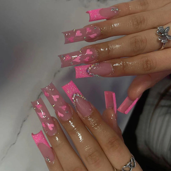 Women Girls Trend 24Pcs/Set Long Ballet French Heart Glitter Stone Decoration Full Coverage Wearable Fake Nail Press on Nail Art