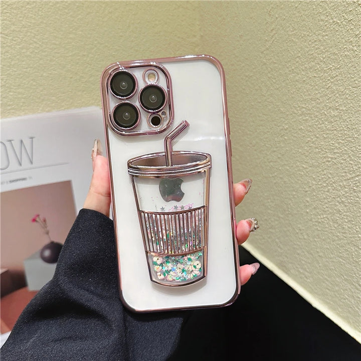 Fashion Milk Tea Cup Bling Glitter Star Quicksand Case For iPhone 14 13 11 12 15 Pro Max Shiny Sequins Transparent Plating Cover