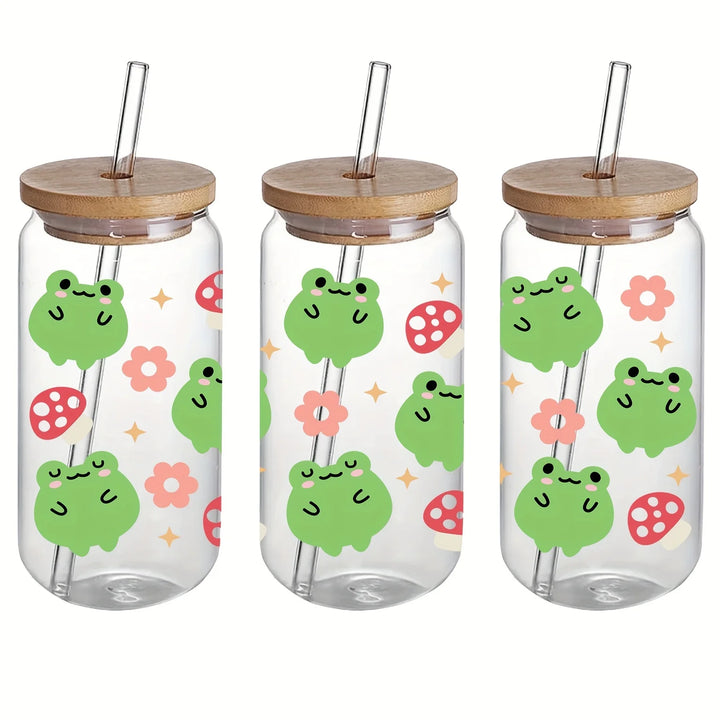 16oz Clear 3D Printed Sublimation Glass Cup With Bamboo Lid And Glass Straw Drinking Cups With Waterproof Sticker Muti-Pattern