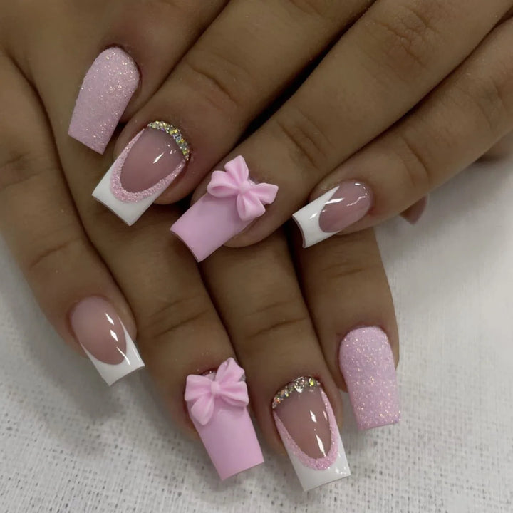 "Pink French 3D Bowknot Press-On Nails | Short Square Fashion False Nails"