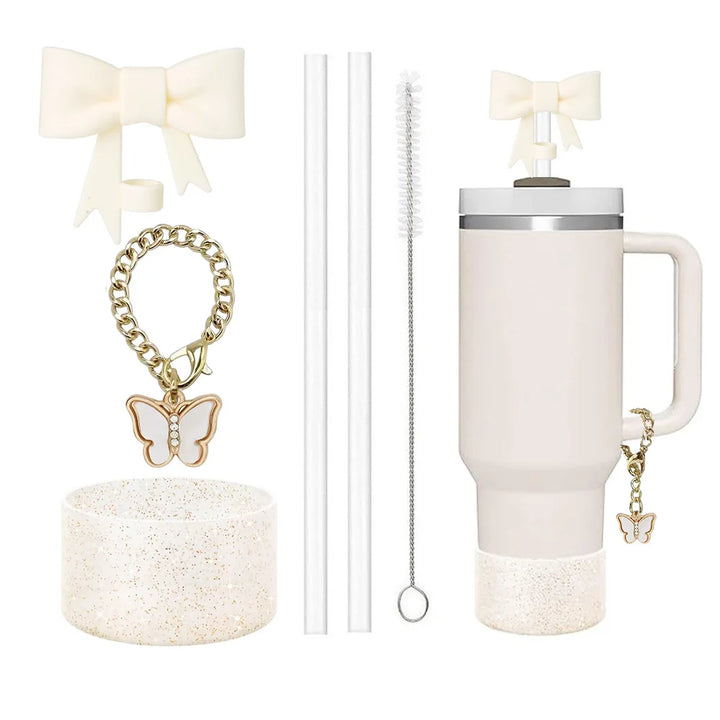 6pcs Accessories Set for Stanley Cup 30oz/40oz Including Glitter Silicone Boot Diamond Butterfly Charm Chain Bow Silicone Straw - Total Trends Fusion