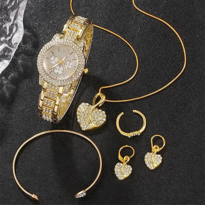 Women's Quartz Watch Gold Luxury Women Ring Necklace Earring Rhinestone Fashion Wristwatch Casual Ladies Watches Jewelry Set - Total Trends Fusion