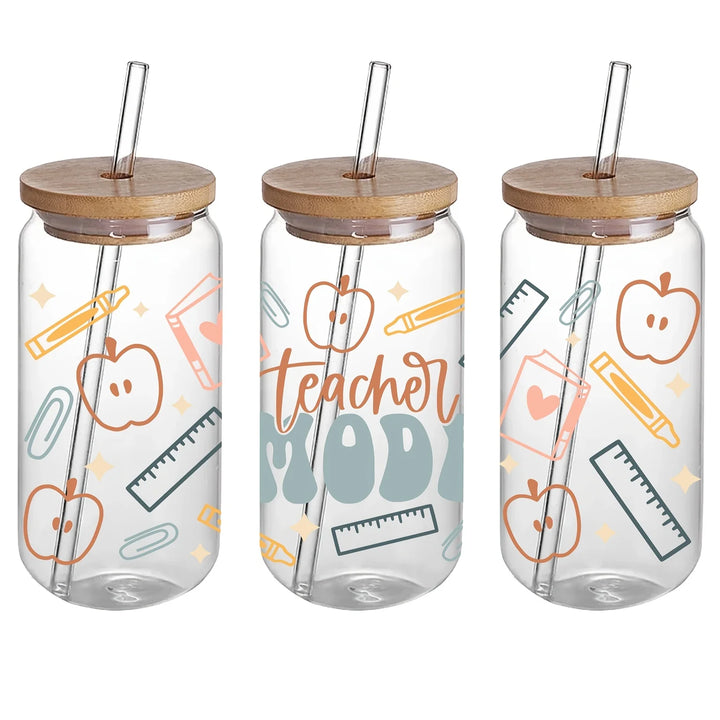16oz Clear 3D Printed Sublimation Glass Cup With Bamboo Lid And Glass Straw Drinking Cups With Waterproof Sticker Muti-Pattern