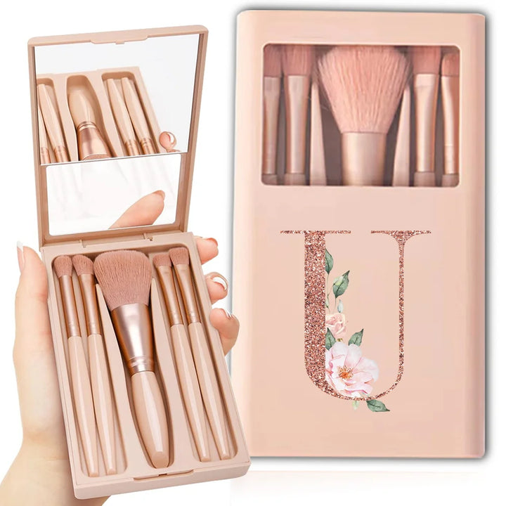 5pcs Travel Cosmetic Brush Kit With Mirror Makeup Brush Set Bag Portable Organizer Box Beauty Tool Case Rose Gold Letter Pattern