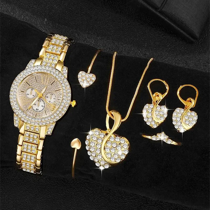Women's Quartz Watch Gold Luxury Women Ring Necklace Earring Rhinestone Fashion Wristwatch Casual Ladies Watches Jewelry Set - Total Trends Fusion