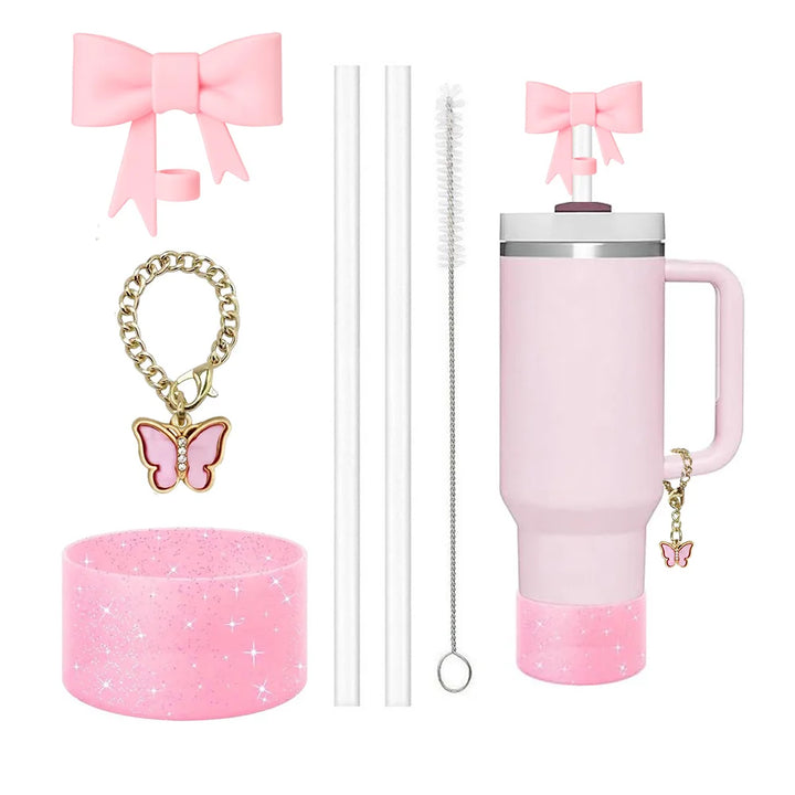 6pcs Accessories Set for Stanley Cup 30oz/40oz Including Glitter Silicone Boot Diamond Butterfly Charm Chain Bow Silicone Straw - Total Trends Fusion