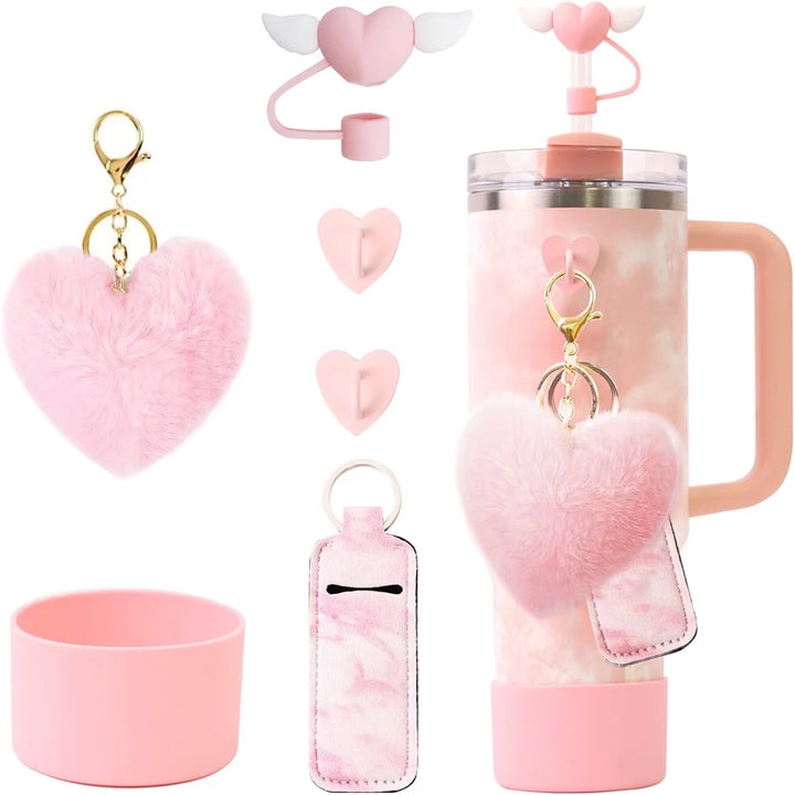 Accessories Set for Stanley 40oz & 30oz Tumbler Including Silicone Boot Straw Cover Cap Heart Hook Lipstick Bag and Heart Pompom - Total Trends Fusion