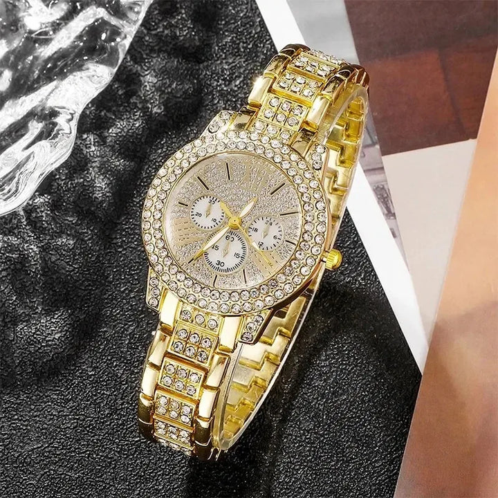 Women's Quartz Watch Gold Luxury Women Ring Necklace Earring Rhinestone Fashion Wristwatch Casual Ladies Watches Jewelry Set - Total Trends Fusion