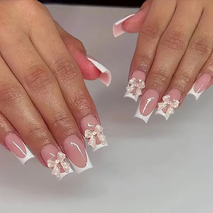 "Pink French 3D Bowknot Press-On Nails | Short Square Fashion False Nails"