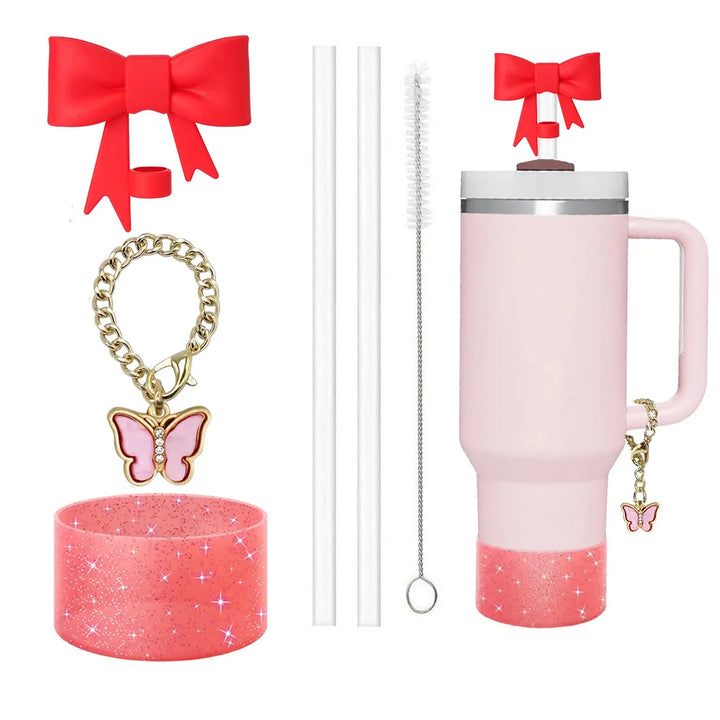 6pcs Accessories Set for Stanley Cup 30oz/40oz Including Glitter Silicone Boot Diamond Butterfly Charm Chain Bow Silicone Straw - Total Trends Fusion