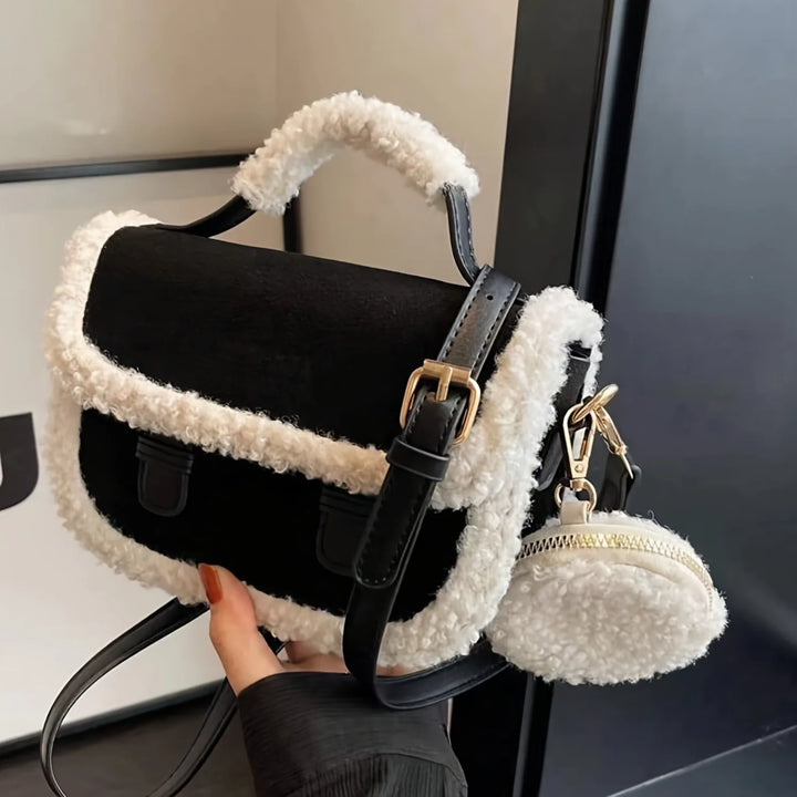 Mini Plush Handbag with round Coin Purse, Autumn Winter Crossbody Bag, Womens Faux Shoulder Bag Packing Cubes for Travel Bogg