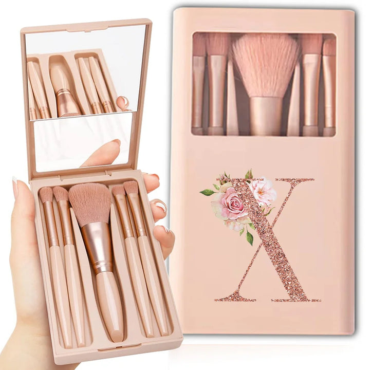 5pcs Travel Cosmetic Brush Kit With Mirror Makeup Brush Set Bag Portable Organizer Box Beauty Tool Case Rose Gold Letter Pattern